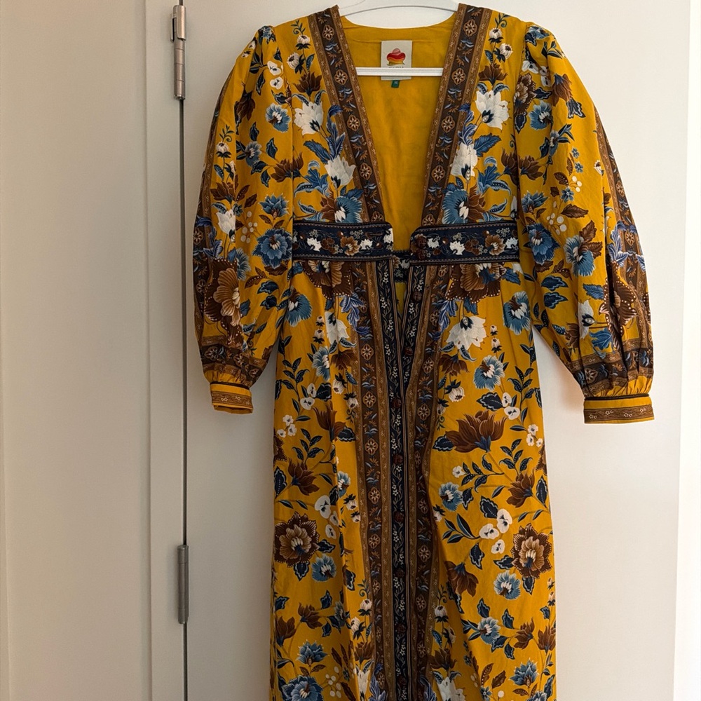 FARM Rio Mustard Floral Maxi Dress with Blue & Brown Details